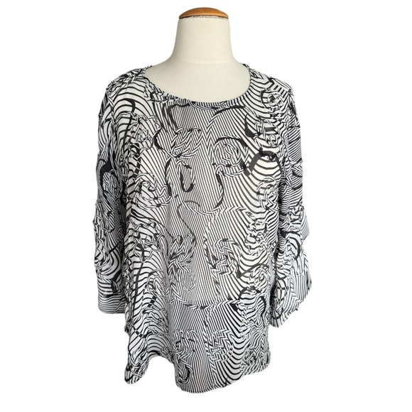 Maggie Barnes Plus 2X Black White Artsy Rose Print Blouse Flowy Sheer Top - Picture 1 of 8